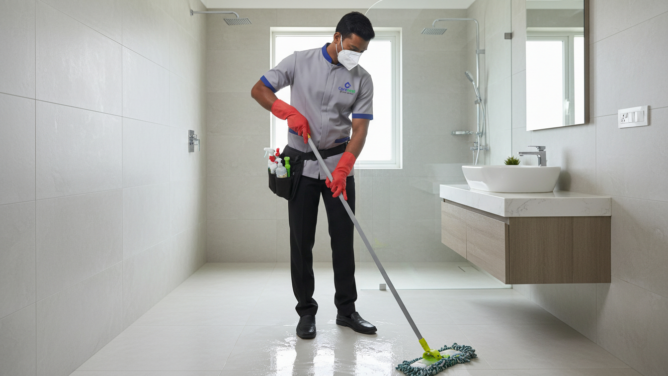 A CareNest crew member cleaning a commercial washroom